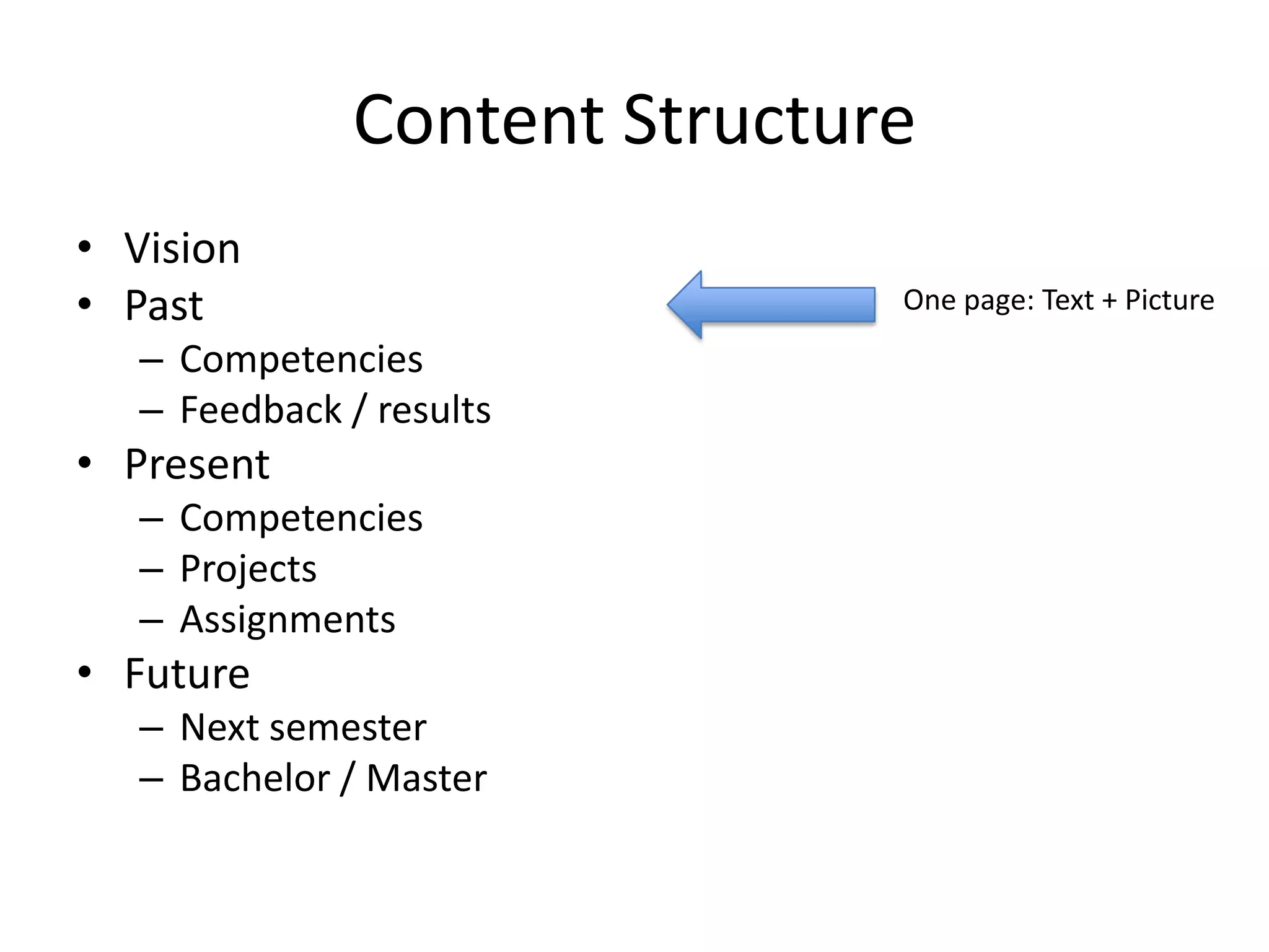 Content StructureVisionPastCompetenciesFeedback / resultsPresentCompetenciesProjectsAssignmentsFutureNext semesterBachelor / MasterOne page: Text + Picture