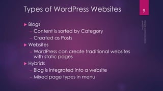 9Types of WordPress Websites
 Blogs
– Content is sorted by Category
– Created as Posts
 Websites
– WordPress can create traditional websites
with static pages
 Hybrids
– Blog is integrated into a website
– Mixed page types in menu
 