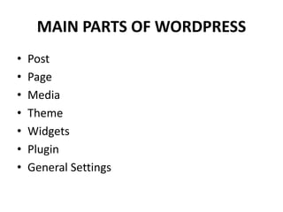 MAIN PARTS OF WORDPRESS
• Post
• Page
• Media
• Theme
• Widgets
• Plugin
• General Settings
 