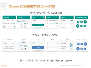 Copyright © Asial Corporation. All Rights Reserved. │ 5
Onsen UIが提供するUIパーツ群
マテリアルデザイン（Android）
フラットデザイン（iOS）
各コンポーネントの詳細 https://onsen.io/v2/
 