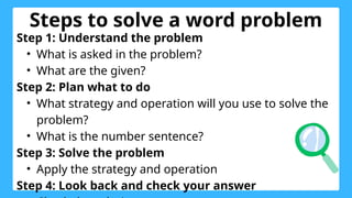 Step 1: Understand the problem
• What is asked in the problem?
• What are the given?
Step 2: Plan what to do
• What strategy and operation will you use to solve the
problem?
• What is the number sentence?
Step 3: Solve the problem
• Apply the strategy and operation
Step 4: Look back and check your answer
Steps to solve a word problem
 