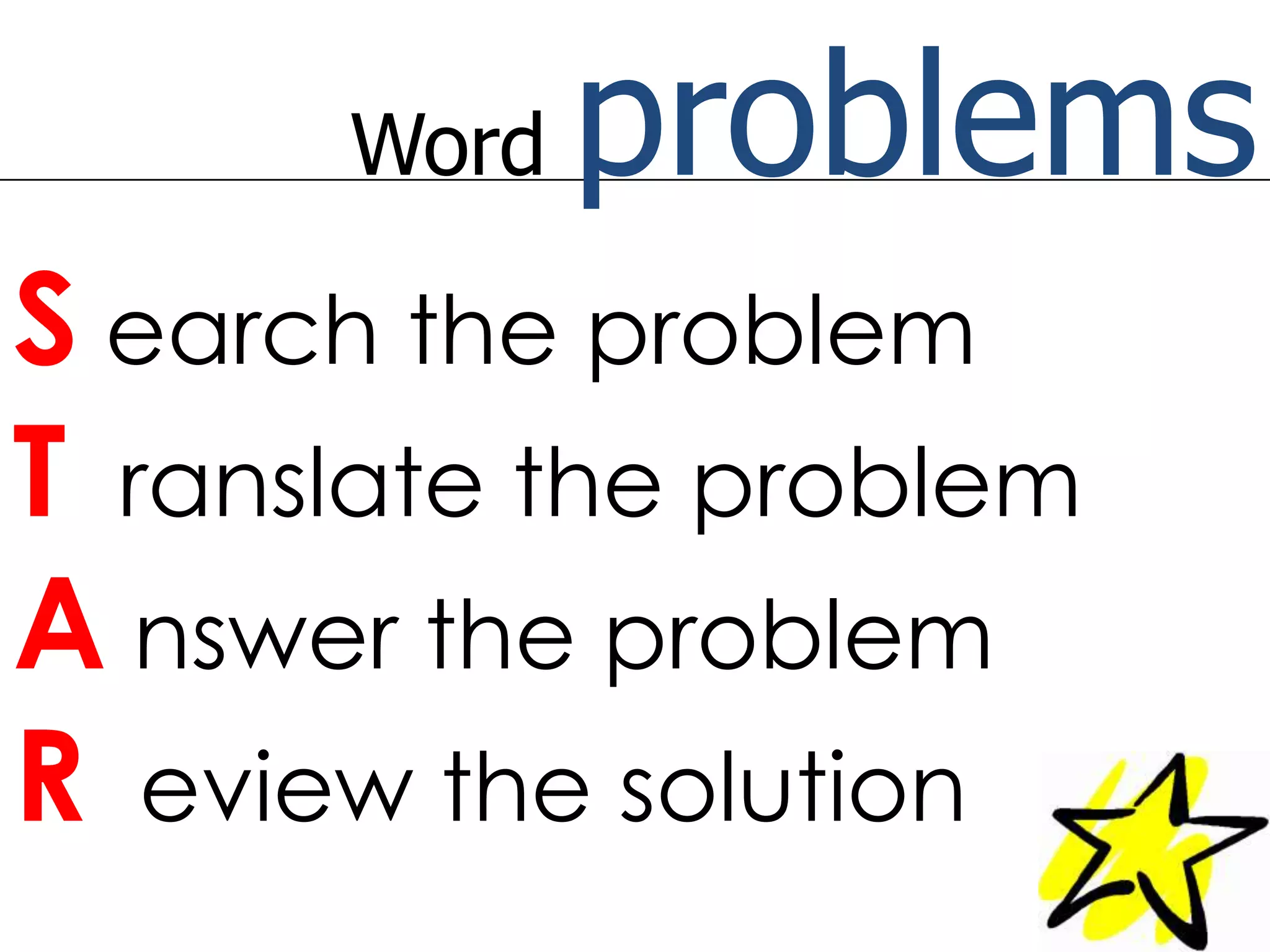 Word problemsSearch the problemTranslate the problemAnswer the problemReview the solution