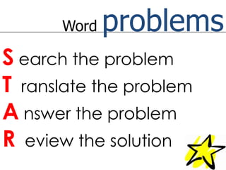 Word problemsSearch the problemTranslate the problemAnswer the problemReview the solution