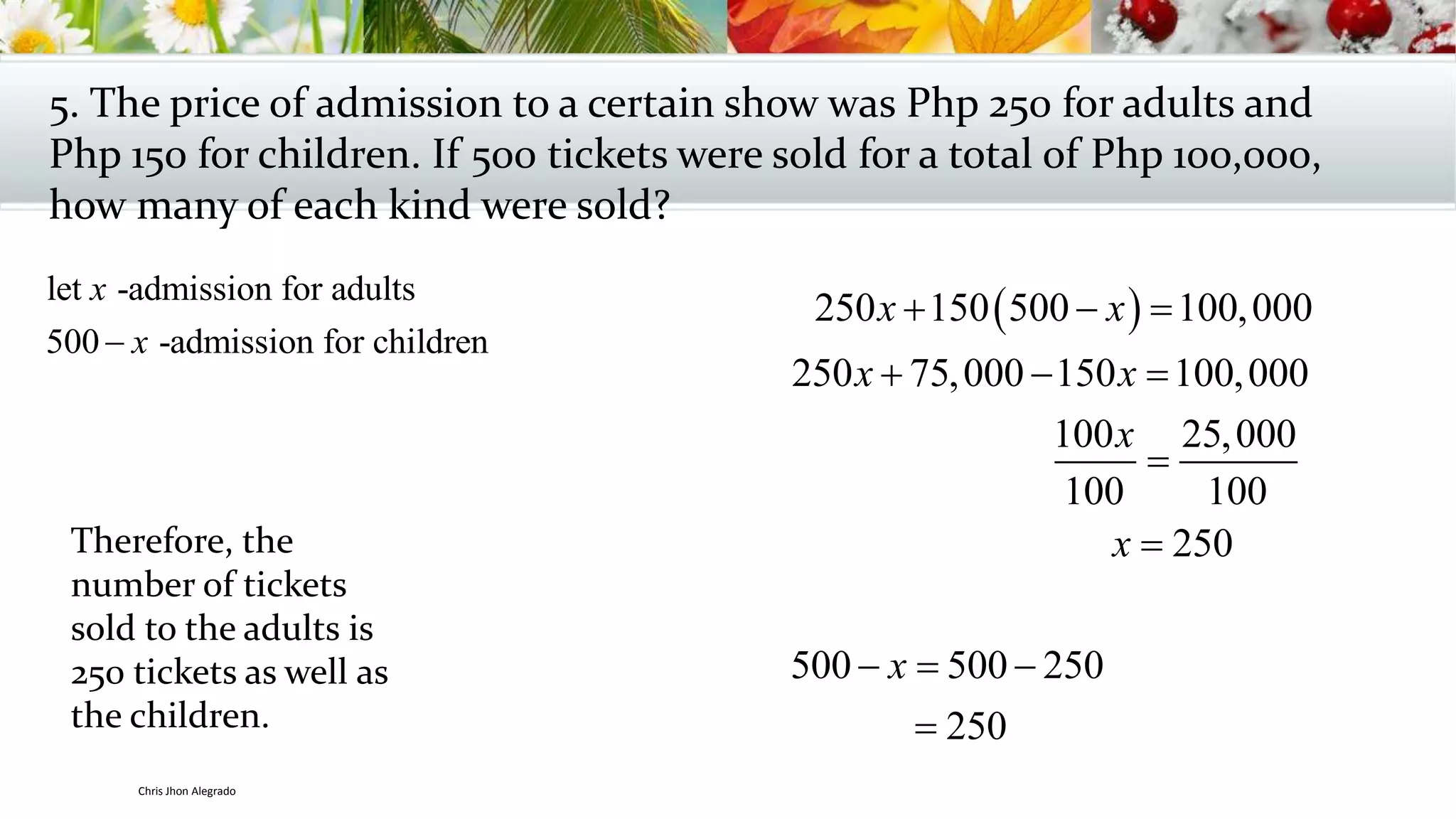 5. The price of admission to a certain show was Php 250 for adults and
Php 150 for children. If 500 tickets were sold for a total of Php 100,000,
how many of each kind were sold?
let -admission for adults
500 -admission for children
x
x
 250 150 500 100,000
250 75,000 150 100,000
100 25,000
100 100
250
500 500 250
250
x x
x x
x
x
x
  
  


  

Therefore, the
number of tickets
sold to the adults is
250 tickets as well as
the children.
Chris Jhon Alegrado
 