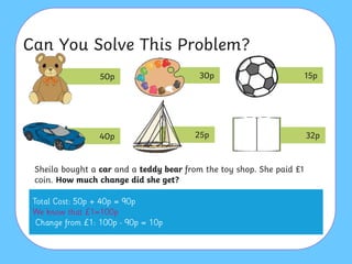 Can You Solve This Problem?
Sheila bought a car and a teddy bear from the toy shop. She paid £1
coin. How much change did she get?
50p 30p 15p
40p 25p 32p
 