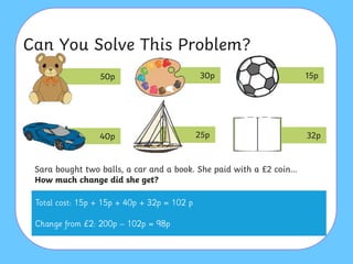 Can You Solve This Problem?
Sara bought two balls, a car and a book. She paid with a £2 coin…
How much change did she get?
50p 30p 15p
40p 25p 32p
 