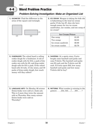 NAME ________________________________________ DATE ______________ PERIOD _____
Word Problem Practice
Problem-Solving Investigation: Make an Organized List
Chapter 4 32 Course 1
Copyright
©
Glencoe/McGraw-Hill,
a
division
of
The
McGraw-Hill
Companies,
Inc.
4-4
2. ICE CREAM Meagan is taking the kids she
is babysitting to the local ice cream
parlor. If she has $7, does she have
enough money for two ice cream
sandwiches, one sundae, and one scoop of
ice cream?
1. GEOMETRY Find the difference in the
areas of the square and rectangle.
3. FUNDRAISER The school band is selling
cookie dough for a fundraiser. A tub of
cookie dough sells for $12, a pack of dry
cookie mix sells for $5, and drop cookie
dough sells for $15 a pack. If the school
band sells 24 tubs, 15 dry mixes, and 30
packs of drop cookie dough, how much
money will they collect?
4. SHOPPING At a sports store, Curtis
bought some baseball card packs and
some T-shirts. The baseball card packs
cost $3 each and the T-shirts cost $8
each. If Curtis spent $30, how many
baseball card packs and how many
T-shirts did he buy?
5. LANGUAGE ARTS On Monday, 86 science
fiction books were sold at a book sale.
This is 8 more than twice the amount
sold on Thursday. How many science
fiction books were sold on
Thursday?
6. PATTERNS What number is missing in the
pattern . . . , 234, 345, , 567, . . . ?
?
Ice Cream Prices
One scoop
Two scoops
Ice cream sandwich
Ice cream sundae
$1.05
$2.05
$0.99
$2.79
6 ft 8 ft
3 ft
 
