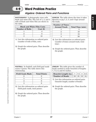Lesson
4-9
NAME ________________________________________ DATE ______________ PERIOD _____
Word Problem Practice
Algebra: Ordered Pairs and Functions
Chapter 4 37 Course 1
4-9
Copyright
©
Glencoe/McGraw-Hill,
a
division
of
The
McGraw-Hill
Companies,
Inc.
EXERCISE The table shows the time it takes
Quentin to jog 1, 2, 3, and 4 laps around
the track.
3. List this information as ordered pairs
(number of times around track, total
time).
4. Graph the ordered pairs. Then describe
the graph.
PHOTOGRAPHY A photography store sells
black and white film. The cost of 1, 2, and 3
rolls of black and white film are shown in
the table.
1. List this information as ordered pairs
(number of rolls of film, cost).
2. Graph the ordered pairs. Then describe
the graph.
FOOTBALL In football, each field goal made
scores 3 points. The table shows this
relationship.
5. List this information as ordered pairs
(field goals made, total points).
6. Graph the ordered pairs. Then describe
the graph.
JEWELRY The table gives the number of
beads needed to make bracelets of lengths
7, 7.5, 8, and 8.5 inches.
7. List this information as ordered pairs
(bracelet length, number of beads).
8. Graph the ordered pairs. Then describe
the graph.
Black and White Film Costs
Number of Rolls
1
2
3
Cost ($)
4
8
12
Number of Times
Around Track
1
2
3
4
Total Time (min)
5
10
15
20
Field Goals Made
0
1
2
3
Total Points
0
3
6
9
Bracelet Length (in.)
Number of Beads
7
28
7.5
30
8
32
8.5
34
 