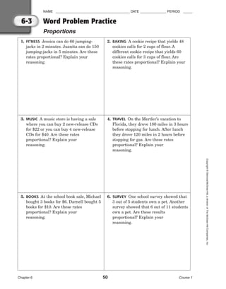 NAME ________________________________________ DATE ______________ PERIOD _____
Chapter 6 50 Course 1
Copyright
©
Glencoe/McGraw-Hill,
a
division
of
The
McGraw-Hill
Companies,
Inc.
6-3 Word Problem Practice
Proportions
1. FITNESS Jessica can do 60 jumping-
jacks in 2 minutes. Juanita can do 150
jumping-jacks in 5 minutes. Are these
rates proportional? Explain your
reasoning.
3. MUSIC A music store is having a sale
where you can buy 2 new-release CDs
for $22 or you can buy 4 new-release
CDs for $40. Are these rates
proportional? Explain your
reasoning.
5. BOOKS At the school book sale, Michael
bought 3 books for $6. Darnell bought 5
books for $10. Are these rates
proportional? Explain your
reasoning.
2. BAKING A cookie recipe that yields 48
cookies calls for 2 cups of flour. A
different cookie recipe that yields 60
cookies calls for 3 cups of flour. Are
these rates proportional? Explain your
reasoning.
4. TRAVEL On the Mertler’s vacation to
Florida, they drove 180 miles in 3 hours
before stopping for lunch. After lunch
they drove 120 miles in 2 hours before
stopping for gas. Are these rates
proportional? Explain your
reasoning.
6. SURVEY One school survey showed that
3 out of 5 students own a pet. Another
survey showed that 6 out of 11 students
own a pet. Are these results
proportional? Explain your
reasoning.
 