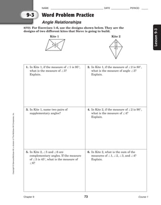 9-3
Lesson
9-3
NAME ________________________________________ DATE ______________ PERIOD _____
Chapter 9 73 Course 1
Copyright
©
Glencoe/McGraw-Hill,
a
division
of
The
McGraw-Hill
Companies,
Inc.
Word Problem Practice
Angle Relationships
1. In Kite 1, if the measure of 1 is 95°,
what is the measure of 3?
Explain.
3. In Kite 1, name two pairs of
supplementary angles?
5. In Kite 2, 5 and 6 are
complementary angles. If the measure
of 5 is 45°, what is the measure of
6?
2. In Kite 1, if the measure of 2 is 80°,
what is the measure of angle 3?
Explain.
4. In Kite 2, if the measure of 2 is 90°,
what is the measure of 4?
Explain.
6. In Kite 2, what is the sum of the
measures of 1, 2, 3, and 4?
Explain.
KITES For Exercises 1–6, use the designs shown below. They are the
designs of two different kites that Steve is going to build.
Kite 1 Kite 2
2
1
6
5
3
4
2
1
3
4
 