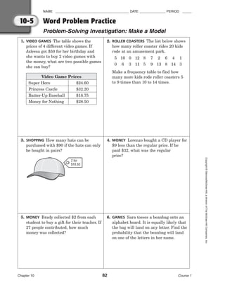 NAME ________________________________________ DATE ______________ PERIOD _____
Chapter 10 82 Course 1
Copyright
©
Glencoe/McGraw-Hill,
a
division
of
The
McGraw-Hill
Companies,
Inc.
10-5
1. VIDEO GAMES The table shows the
prices of 4 different video games. If
Jaleesa got $50 for her birthday and
she wants to buy 2 video games with
the money, what are two possible games
she can buy?
3. SHOPPING How many hats can be
purchased with $90 if the hats can only
be bought in pairs?
5. MONEY Brady collected $2 from each
student to buy a gift for their teacher. If
27 people contributed, how much
money was collected?
2. ROLLER COASTERS The list below shows
how many roller coaster rides 20 kids
rode at an amusement park.
Make a frequency table to find how
many more kids rode roller coasters 5
to 9 times than 10 to 14 times.
5
0
10
6
0
3
12
11
8
5
7
9
2
13
6
8
4
14
1
3
4. MONEY Lorenzo bought a CD player for
$9 less than the regular price. If he
paid $32, what was the regular
price?
6. GAMES Sara tosses a beanbag onto an
alphabet board. It is equally likely that
the bag will land on any letter. Find the
probability that the beanbag will land
on one of the letters in her name.
Word Problem Practice
Problem-Solving Investigation: Make a Model
Video Game Prices
Super Hero
Princess Castle
Batter-Up Baseball
Money for Nothing
$24.60
$32.20
$18.75
$28.50
2 for
$18.50
 