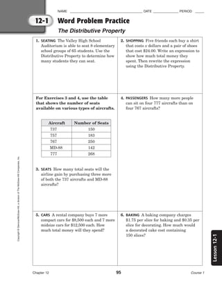 12-1
Lesson
12-1
NAME ________________________________________ DATE ______________ PERIOD _____
Chapter 12 95 Course 1
Copyright
©
Glencoe/McGraw-Hill,
a
division
of
The
McGraw-Hill
Companies,
Inc.
Word Problem Practice
The Distributive Property
1. SEATING The Valley High School
Auditorium is able to seat 8 elementary
school groups of 65 students. Use the
Distributive Property to determine how
many students they can seat.
For Exercises 3 and 4, use the table
that shows the number of seats
available on various types of aircrafts.
3. SEATS How many total seats will the
airline gain by purchasing three more
of both the 737 aircrafts and MD-88
aircrafts?
5. CARS A rental company buys 7 more
compact cars for $8,500 each and 7 more
midsize cars for $12,500 each. How
much total money will they spend?
2. SHOPPING Five friends each buy a shirt
that costs x dollars and a pair of shoes
that cost $24.00. Write an expression to
show how much total money they
spent. Then rewrite the expression
using the Distributive Property.
4. PASSENGERS How many more people
can sit on four 777 aircrafts than on
four 767 aircrafts?
6. BAKING A baking company charges
$1.75 per slice for baking and $0.35 per
slice for decorating. How much would
a decorated cake cost containing
150 slices?
Aircraft
737
757
767
MD-88
777
Number of Seats
150
183
250
142
268
 