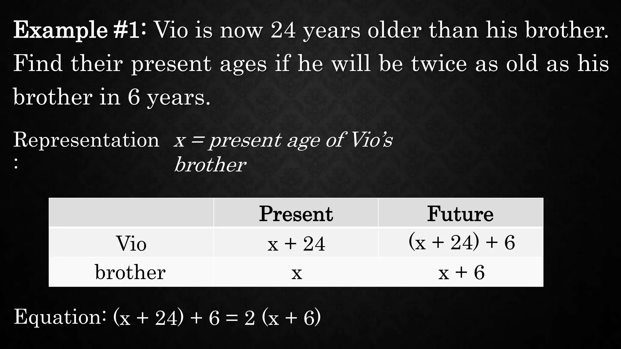 Example #1: Vio is now 24 years older than his brother.
Find their present ages if he will be twice as old as his
brother in 6 years.
Representation
:
x = present age of Vio’s
brother
Present Future
Vio
brother
x + 24
x
(x + 24) + 6
x + 6
Equation: (x + 24) + 6 = 2 (x + 6)
 
