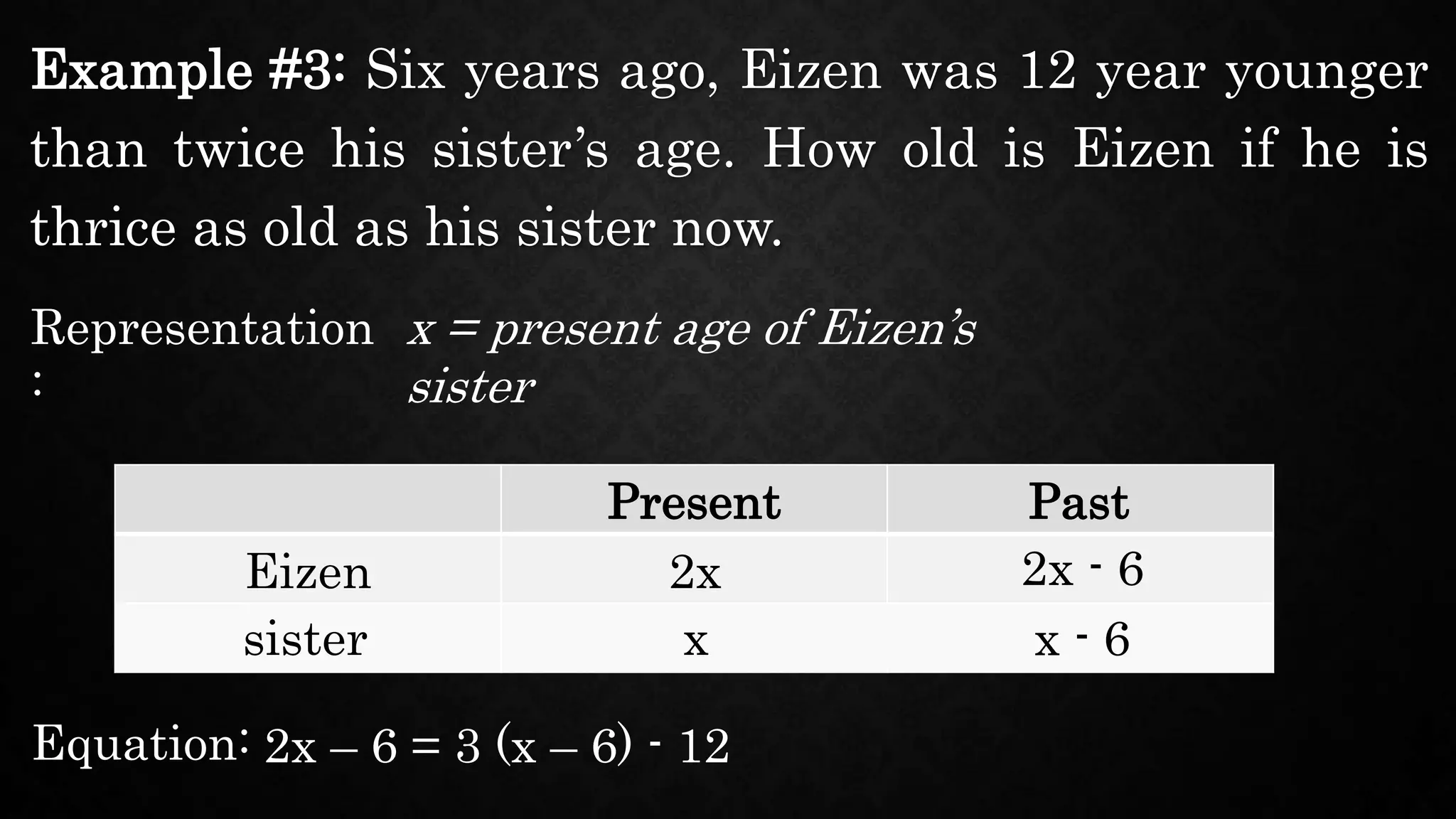 Example #3: Six years ago, Eizen was 12 year younger
than twice his sister’s age. How old is Eizen if he is
thrice as old as his sister now.
Representation
:
x = present age of Eizen’s
sister
Present Past
Eizen
sister
2x
x
2x - 6
x - 6
Equation: 2x – 6 = 3 (x – 6) - 12
 