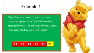 Example 1 
66 graders were invited to test two new 
computer applications. 5/6 of the students 
preferred Prenzi. The others preferred Grapes. 
How many student preferred Grapes? 
11 11 11 11 11 11 
 