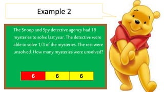 Example 2 
The Snoop and Spy detective agency had 18 
mysteries to solve last year. The detective were 
able to solve 1/3 of the mysteries. The rest were 
unsolved. How many mysteries were unsolved? 
6 6 6 
 