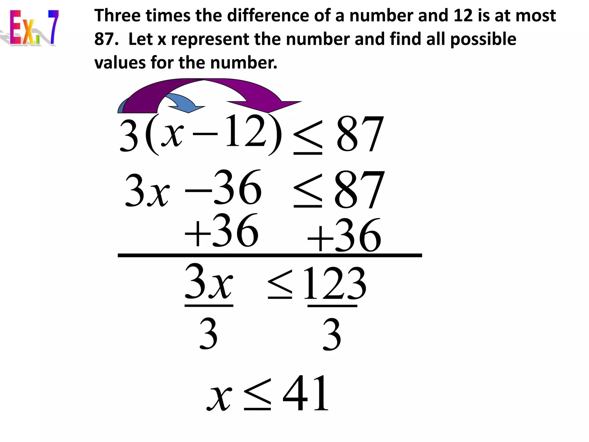 Three times the difference of a number and 12 is at most 
87. Let x represent the number and find all possible 
values for the number. 
3( 12) x  87 
3x 36 87  
36 36 
3x 123  
3 3 
x  41 
 