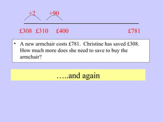_______________________
• A new armchair costs £781. Christine has saved £308.
How much more does she need to save to buy the
armchair?
…..and again
£781£308 £310
+2 +90
£400
 