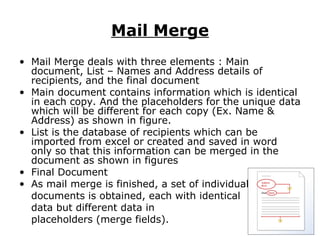 Mail Merge
• Mail Merge deals with three elements : Main
  document, List – Names and Address details of
  recipients, and the final document
• Main document contains information which is identical
  in each copy. And the placeholders for the unique data
  which will be different for each copy (Ex. Name &
  Address) as shown in figure.
• List is the database of recipients which can be
  imported from excel or created and saved in word
  only so that this information can be merged in the
  document as shown in figures
• Final Document
• As mail merge is finished, a set of individual
  documents is obtained, each with identical
  data but different data in
  placeholders (merge fields).
 