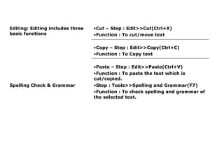 Editing: Editing includes three   •Cut – Step : Edit>>Cut(Ctrl+X)
basic functions                   •Function : To cut/move text

                                  •Copy – Step : Edit>>Copy(Ctrl+C)
                                  •Function : To Copy text

                                  •Paste – Step : Edit>>Paste(Ctrl+V)
                                  •Function : To paste the text which is
                                  cut/copied.
Spelling Check & Grammar          •Step : Tools>>Spelling and Grammar(F7)
                                  •Function : To check spelling and grammar of
                                  the selected text.
 