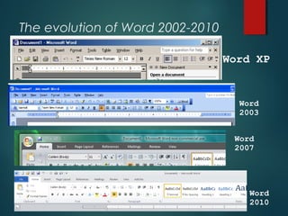 The evolution of Word 2002-2010
17
Word XP
Word
2003
Word
2007
Word
2010
 