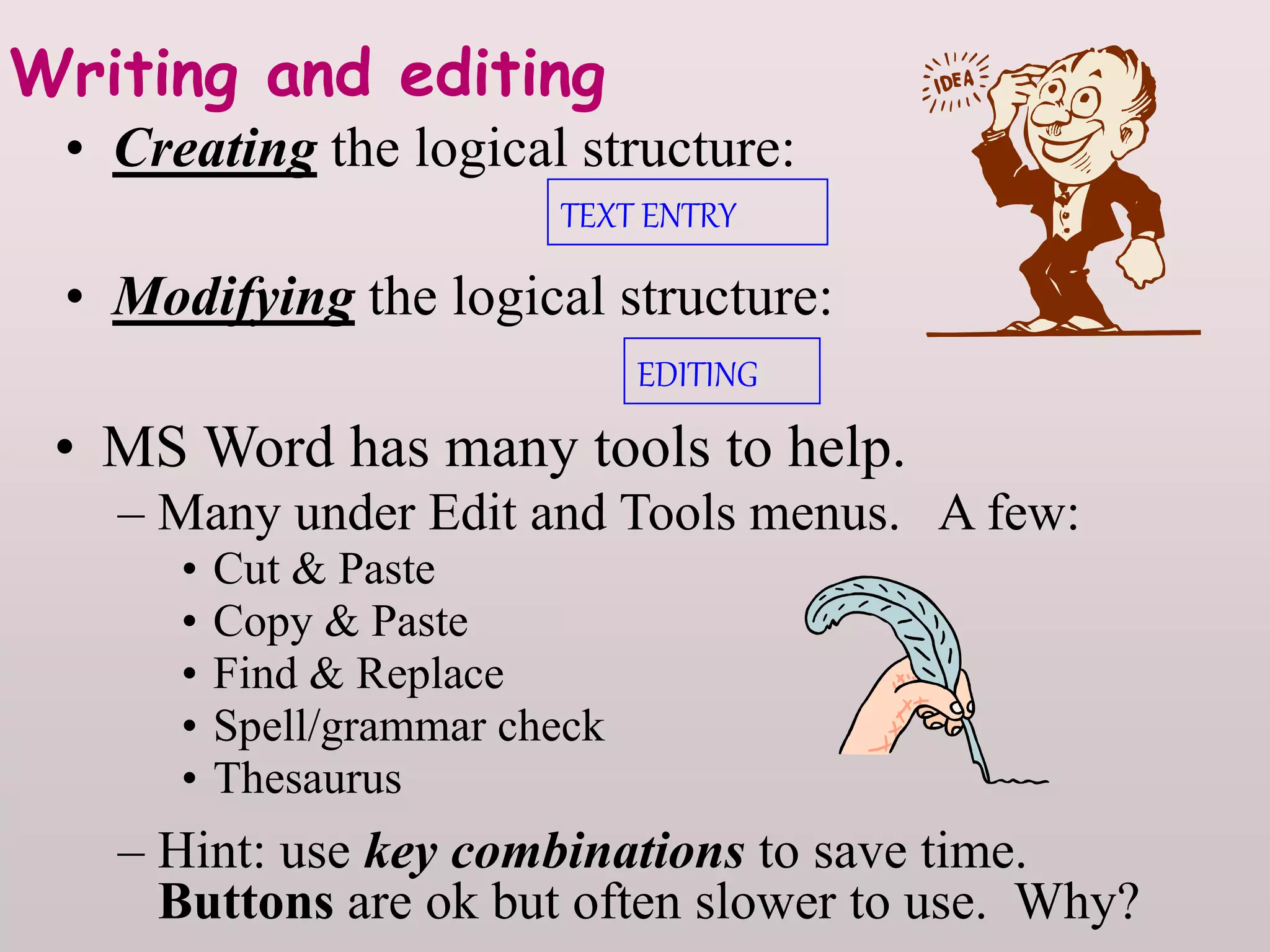 Writing and editing
• Creating the logical structure:
TEXT ENTRY
• Modifying the logical structure:
EDITING
• MS Word has many tools to help.
– Many under Edit and Tools menus. A few:
• Cut & Paste
• Copy & Paste
• Find & Replace
• Spell/grammar check
• Thesaurus
– Hint: use key combinations to save time.
Buttons are ok but often slower to use. Why?
 