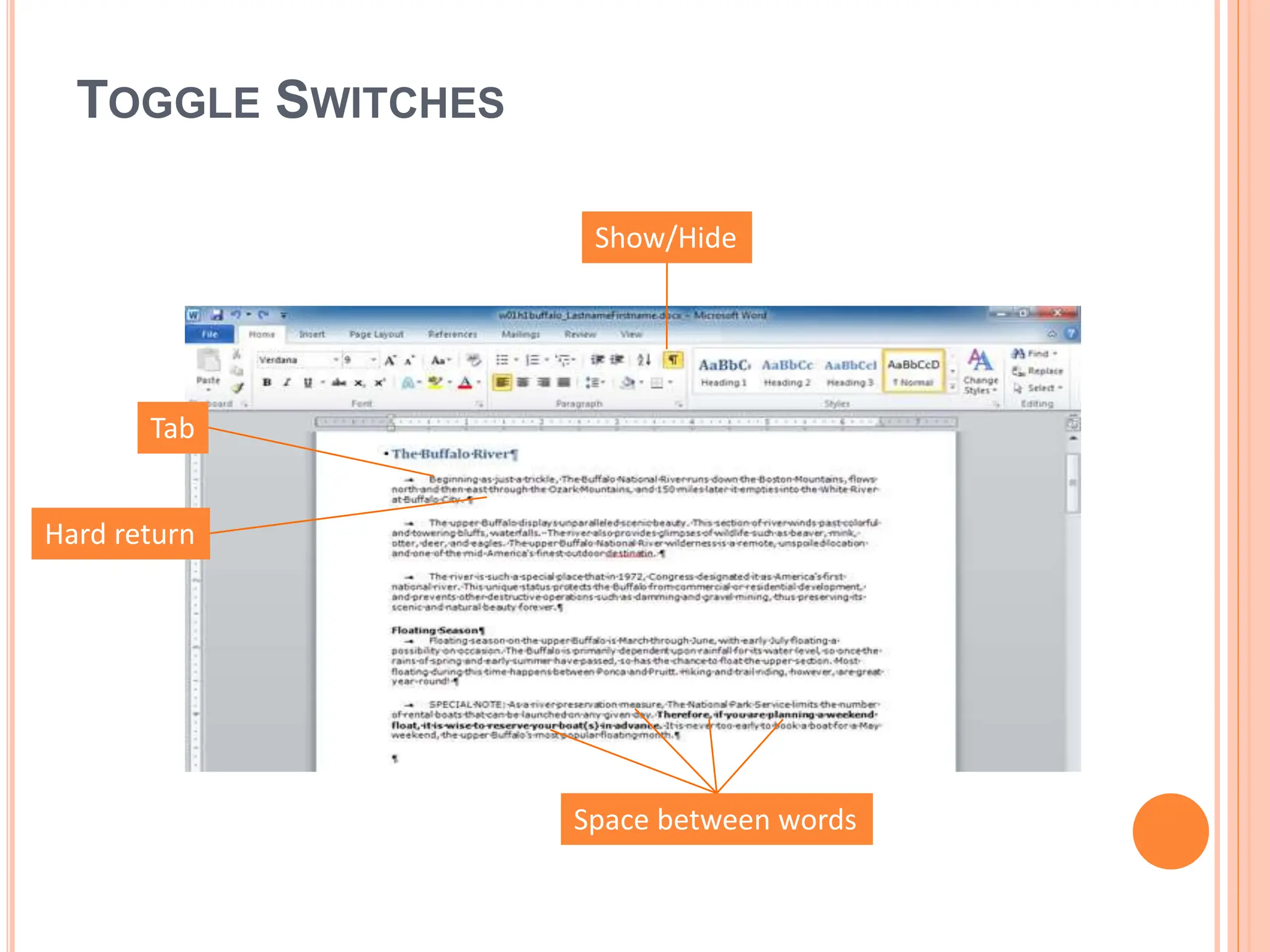 TOGGLE SWITCHES
Show/Hide
Hard return
Tab
Space between words
 