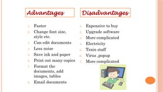 1. Faster
2. Change font size,
style etc.
3. Can edit documents
4. Less noise
5. Save ink and paper
6. Print out many copies
7. Format the
documents, add
images, tables
8. Email documents
1. Expensive to buy
2. Upgrade software
3. More complicated
4. Electricity
5. Train staff
6. Virus ,popup
7. More complicated
Advantages Disadvantages
 