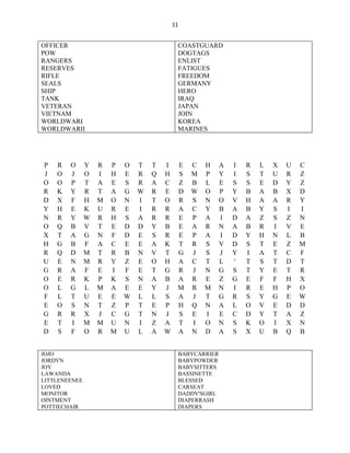 11


OFFICER                                     COASTGUARD
POW                                         DOGTAGS
RANGERS                                     ENLIST
RESERVES                                    FATIGUES
RIFLE                                       FREEDOM
SEALS                                       GERMANY
SHIP                                        HERO
TANK                                        IRAQ
VETERAN                                     JAPAN
VIETNAM                                     JOIN
WORLDWARI                                   KOREA
WORLDWARII                                  MARINES




P   R   O      Y   R   P   O   T   T   I    E   C   H     A   I   R   L   X   U   C
J   O   J      O   I   H   E   R   Q   H    S   M   P     Y   I   S   T   U   R   Z
O   O   P      T   A   E   S   R   A   C    Z   B   L     E   S   S   E   D   Y   Z
R   K   Y      R   T   A   G   W   R   E    D   W   O     P   Y   B   A   B   X   D
D   X   F      H   M   O   N   I   T   O    R   S   N     O   V   H   A   A   R   Y
Y   H   E      K   U   R   E   I   R   R    A   C   Y     B   A   B   Y   S   I   I
N   R   Y      W   R   H   S   A   R   R    E   P   A     I   D   A   Z   S   Z   N
O   Q   B      V   T   E   D   D   Y   B    E   A   R     N   A   B   R   I   V   E
X   T   A      G   N   F   D   E   S   R    E   P   A     I   D   Y   H   N   L   B
H   G   B      F   A   C   E   E   A   K    T   R   S     V   D   S   T   E   Z   M
R   Q   D      M   T   R   B   N   V   T    G   J   S     J   Y   I   A   T   C   F
U   E   N      M   R   Y   Z   E   O   H    A   C   T     L   '   T   S   T   D   T
G   R   A      F   E   I   F   E   T   G    R   J   N     G   S   T   Y   E   T   R
O   E   R      K   P   K   S   N   A   B    A   R   E     Z   G   E   F   F   H   X
O   L   G      L   M   A   E   E   Y   J    M   R   M     N   I   R   E   H   P   O
F   L   T      U   E   E   W   L   L   S    A   J   T     G   R   S   Y   G   E   W
E   O   S      N   T   Z   P   T   E   P    H   Q   N     A   L   O   V   E   D   D
G   R   R      X   J   C   G   T   N   J    S   E   I     E   C   D   Y   T   A   Z
E   T   I      M   M   U   N   I   Z   A    T   I   O     N   S   K   O   I   X   N
D   S   F      O   R   M   U   L   A   W    A   N   D     A   S   X   U   B   Q   B


JOJO                                        BABYCARRIER
JORDYN                                      BABYPOWDER
JOY                                         BABYSITTERS
LAWANDA                                     BASSINETTE
LITTLENEENEE                                BLESSED
LOVED                                       CARSEAT
MONITOR                                     DADDY'SGIRL
OINTMENT                                    DIAPERRASH
POTTIECHAIR                                 DIAPERS
 