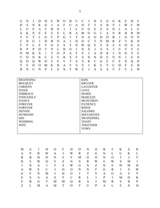 5


G   N       I   D   D   E       W   O   B   U       C   J   H   S       G   G   K   E       D   E
H   S       N   K   G   I       A   F   U   A       N   T   T   S       B   Y   I   W       C   W
L   U       E   A   F   B       N   I   I   L       U   G   E   E       A   N   L   A       L   U
S   K       X   E   E   Z       E   L   R   A       M   O   G   L       A   S   R   B       R   M
F   U       T   L   G   C       P   G   I   T       N   A   O   D       D   B   J   G       O   N
C   H       G   J   D   B       O   A   I   D       O   C   T   N       M   R   Z   T       K   N
F   P       L   E   Y   G       E   S   T   N       W   Q   E   E       X   Z   S   O       G   A
R   P       P   D   T   P       L   B   O   I       N   X   J   S       S   I   U   V       V   U
D   M       K   X   I   T       O   P   A   F       E   I   A   D       R   I   N   G       S   E
V   O       N   R   C   Z       V   R   S   F       S   N   N   H       E   N   N   I       E   N
Q   O       Q   W   O   U       E   V   T   A       S   R   C   G       E   C   E   X       Q   R
Y   E       D   O   M   K       B   A   V   S       S   I   K   E       Y   U   D   F       E   D
B   N       U   N   P   L       G   X   T   W       Z   I   A   S       A   Y   F   C       L   W


BEGINNING                                           KISS
BOUQUET                                             KRUGER
CHRISTO                                             LAUGHTER
DANIE                                               LOVE
EMBRACE                                             MARIE
ENDLESSLY                                           MARLEZE
FIANCE                                              MUNCHKIN
FOREVER                                             PATIENCE
FOREVER                                             RINGS
HENNIE                                              SALOMIE
HUSBAND                                             SOULMATES
IDO                                                 SWANEPOEL
WEDDING                                             TOAST
WIFE                                                TOGETHER
                                                    VOWS




M       A       I   D       O       F   H       O       N   O       R       F   K       Z       R
A       P       R   W       A       J   W       R       Z   G       N       L   U       K       L
R       B       H   O       N       E   Y       M       O   O       N       O   I       J       Y
R       S       W   O       V       Z   N       S       R   W       E       W   S       M       I
I       N       A   J       T       S   W       G       X   Z       N       E   D       M       O
A       W       E   C       I       O   O       N       X   F       G       R   I       S       W
G       F       N   M       J       H   G       I       T   Y       A       G   A       V       V
E       S       A   A       S       Y   C       R       L   I       P       I   M       O       K
U       B       G   T       M       M   Q       R       A   I       M       R   S       R       P
Z       L       M   A       M       T   O       T       U   P       A       L   E       X       O
 