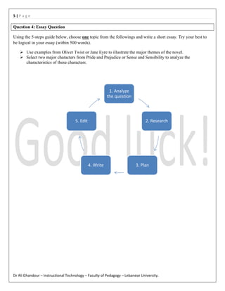 5|Page

Question 4: Essay Question
Using the 5-steps guide below, choose one topic from the followings and write a short essay. Try your best to
be logical in your essay (within 500 words).
Use examples from Oliver Twist or Jane Eyre to illustrate the major themes of the novel.
Select two major characters from Pride and Prejudice or Sense and Sensibility to analyze the
characteristics of these characters.

1. Analyze
the question

5. Edit

2. Research

4. Write

3. Plan

Dr Ali Ghandour – Instructional Technology – Faculty of Pedagogy – Lebanese University.

 