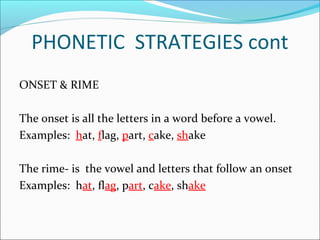 PHONETIC STRATEGIES cont
ONSET & RIME

The onset is all the letters in a word before a vowel.
Examples: hat, flag, part, cake, shake

The rime- is the vowel and letters that follow an onset
Examples: hat, flag, part, cake, shake
 