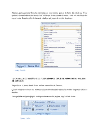 Además, para gestionar bien las secciones es conveniente que en la barra de estado de Word
aparezca información sobre la sección en la que se encuentra el cursor. Para eso hacemos clic
con el botón derecho sobre la barra de estado y activamos la opción Secciones
1.2 CAMBIAR EL DISEÑO O EL FORMATO DEL DOCUMENTO USANDO SALTOS
DE SECCIÓN
Haga clic en el punto donde desee realizar un cambio de formato.
Quizás desee seleccionar una parte del documento alrededor de la que insertar un par de saltos de
sección.
En el grupo Configurar página de la pestaña Diseño de página, haga clic en Saltos.
Imagen 2 sección
Imagen 3 saltos
 