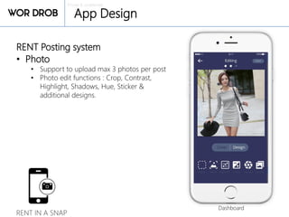 Private & confidential
App Design
RENT Posting system
• Photo
• Support to upload max 3 photos per post
• Photo edit functions : Crop, Contrast,
Highlight, Shadows, Hue, Sticker &
additional designs.
Dashboard
RENT IN A SNAP
 