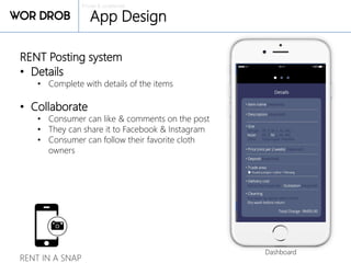 Private & confidential
App Design
RENT Posting system
• Details
• Complete with details of the items
• Collaborate
• Consumer can like & comments on the post
• They can share it to Facebook & Instagram
• Consumer can follow their favorite cloth
owners
Dashboard
RENT IN A SNAP
 