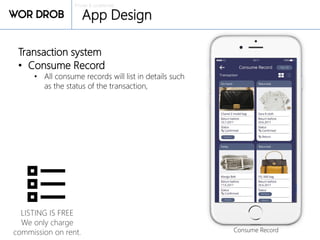 Private & confidential
App Design
Transaction system
• Consume Record
• All consume records will list in details such
as the status of the transaction,
Consume Record
LISTING IS FREE
We only charge
commission on rent.
 
