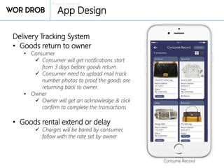 Private & confidential
App Design
Delivery Tracking System
• Goods return to owner
• Consumer
 Consumer will get notifications start
from 3 days before goods return.
 Consumer need to upload mail track
number photos to proof the goods are
returning back to owner.
• Owner
 Owner will get an acknowledge & click
confirm to complete the transactions
• Goods rental extend or delay
 Charges will be bared by consumer,
follow with the rate set by owner
Consume Record
 