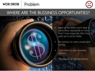 Private & confidential
Problem
WHERE ARE THE BUSSINESS OPPORTUNITIES?
• Most of the ladies won’t wear a
same dress repeatedly or more
than 1 time especially after they
post up to social media
• No solution to solve unwearable
clothes
• Can’t effort to own branded
fashions
• The pursuit of material desires
 