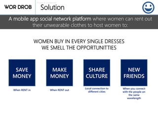 Private & confidential
Solution
A mobile app social network platform where women can rent out
their unwearable clothes to host women to:
SAVE
MONEY
When RENT in
MAKE
MONEY
When RENT out
SHARE
CULTURE
Local connection to
different cities
NEW
FRIENDS
When you connect
with the people on
the same
wavelength
WOMEN BUY IN EVERY SINGLE DRESSES
WE SMELL THE OPPORTUNITTIES
 