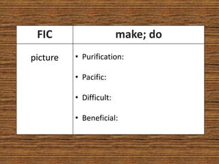 FIC                     make; do
picture   • Purification:

          • Pacific:

          • Difficult:

          • Beneficial:
 
