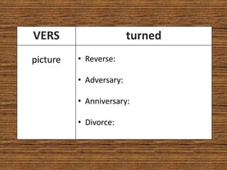 VERS                     turned
picture   • Reverse:

          • Adversary:

          • Anniversary:

          • Divorce:
 
