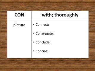 CON            with; thoroughly
picture   • Connect:

          • Congregate:

          • Conclude:

          • Concise:
 