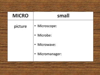 MICRO                     small
picture   • Microscope:

          • Microbe:

          • Microwave:

          • Micromanager:
 
