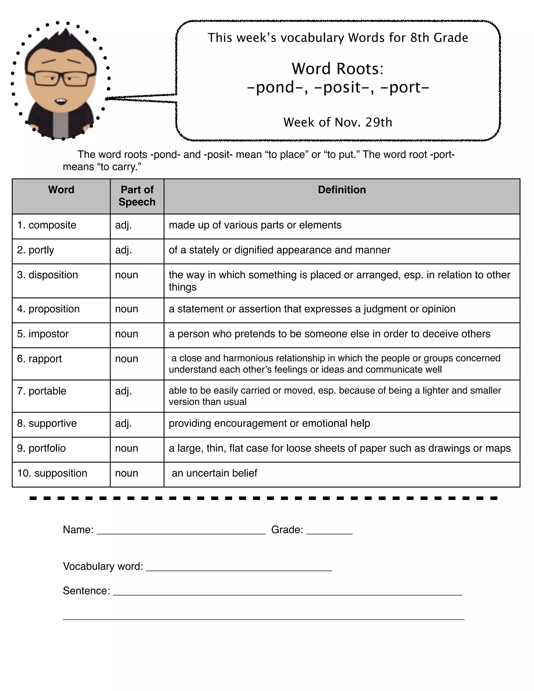 Word roots pond-, -posit-, -port- with definitions (8) | PAGES