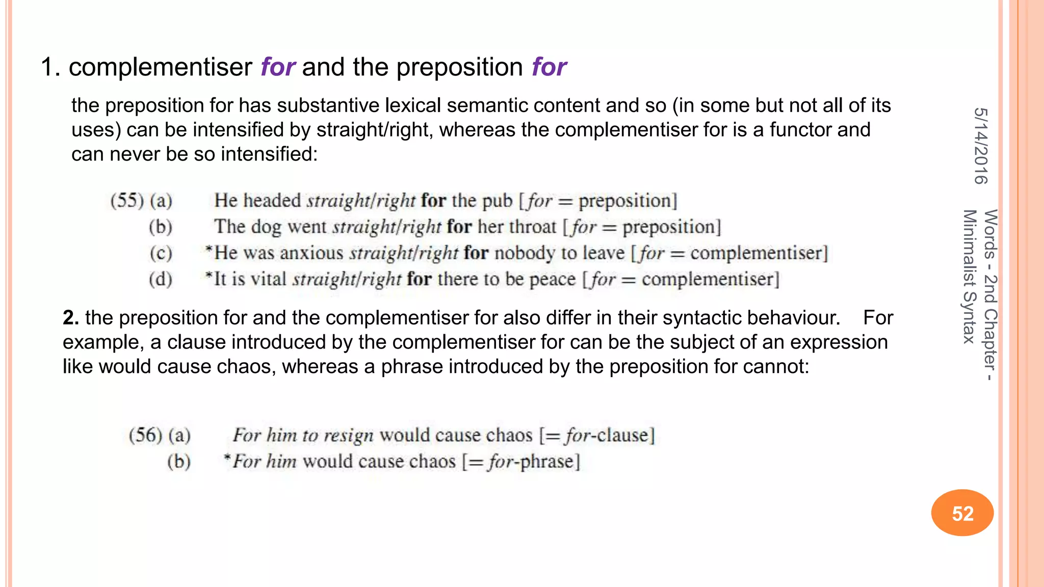 5/14/2016
52
Words-2ndChapter-
MinimalistSyntax
the preposition for has substantive lexical semantic content and so (in some but not all of its
uses) can be intensiﬁed by straight/right, whereas the complementiser for is a functor and
can never be so intensiﬁed:
2. the preposition for and the complementiser for also differ in their syntactic behaviour. For
example, a clause introduced by the complementiser for can be the subject of an expression
like would cause chaos, whereas a phrase introduced by the preposition for cannot:
1. complementiser for and the preposition for
 