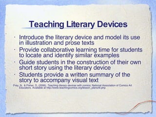 Teaching Literary Devices Introduce the literary device and model its use in illustration and prose texts Provide collaborative learning time for students to locate and identify similar examples Guide students in the construction of their own short story using the literary device Students provide a written summary of the story to accompany visual text Frey, N.  & Fisher, D. (2006).  Teaching literary devices with comics.  National Association of Comics Art Educators. Available at http://www.teachingcomics.org/lesson_plans/lit.php 
