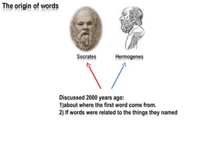 Discussed 2000 years ago:
1)about where the first word come from.
2) If words were related to the things they named
 