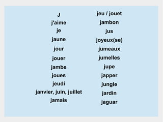 J
j'aime
je

jeu / jouet

jaune

joyeux(se)

jour

jumeaux

jouer

jumelles

jambe

jupe

joues

japper

jeudi

jungle

janvier, juin, juillet

jardin

jamais

jaguar

jambon
jus

 