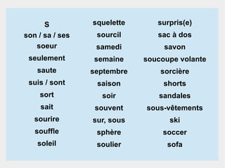 S
son / sa / ses
soeur

squelette

surpris(e)

sourcil

sac à dos

samedi

savon

seulement

semaine

soucoupe volante

saute

septembre

sorcière

suis / sont

saison

shorts

sort

soir

sandales

sait

souvent

sous-vêtements

sourire

sur, sous

ski

souffle

sphère

soccer

soleil

soulier

sofa

 