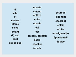 E
elle
et
encore
efface
élève

écoute
entend
enlève
entre
épaule
été
est

enfant
(l') eau
écrit

en bas / en haut

est-ce que

escalier

école
échelle

écureuil
éléphant
escargot
éclair
étoile
enseignant(e)
épouvantail
équipe

 